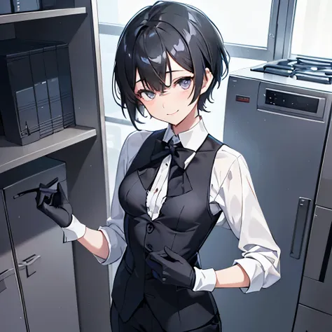 a girl, butler, sexually ambiguous person, black hair, smiling, standing, looking at viewer, (tiny breasts:1.4), very short hair, silver eyes, boyish, slant eyes, narrow eyes, (Clothes that dont show skin:1.3), No skin showing, business suit and business s...