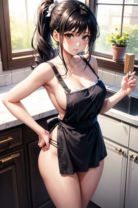 A beautiful young girl, just wearing apron and no clothes under her apron , In the kitchen, smooth legs, Having black hair in a ponytail, raise your buttocks 