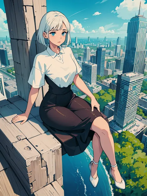 uma garota, vestindo blusa preta, (((sitting on the edge of a skyscraper))), meias longas, tenis branco cano alto, cabelos brancos, short bob hair, costeletas longas, olhos cinzentos, by Studio Ghibli, city scenery, Detailed illustration, arte oficial, no ...