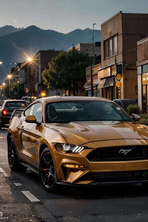 A tunned mustang car during golden hour with a background reminiscent of Nashvilles city center. The scene is enhanced with the reflective paint of the car capturing the warm, golden light, intricate details, edge lighting, two-tone lighting, soft and volu...