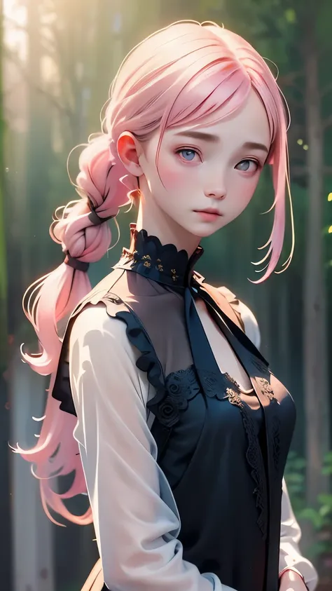 (((blurred background、Watercolor style background)))、one girl、１６talent、anatomy、Pale pink eyes、Loosely braided low ponytail、light pink hair、small breasts、black dress open neck dress、sheer lace dress、Translucency、random pose、highest quality、High resolution、H...