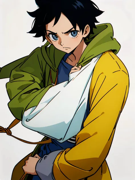 Character with black hair with jacket with folded sleeves and simple drawstring with 22 years old