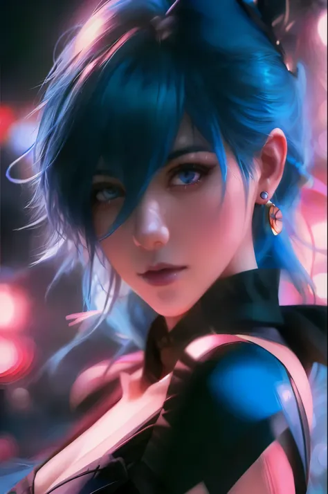 There is a blue hair、woman in black top, 8K Artgerm bokeh, anime style 4 k, blue hair girl, Rostland 8K, Extremely detailed Artgerm, anime styled digital art, anime style. 8k, Inspired by Rostland, Realistic anime art style, portrait of aljem, Art Jem 4K