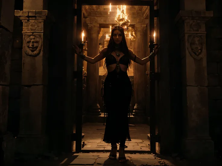 Inanna, Goddess of the Underworld:
A mysterious gate in an ancient temple, leading to the underworld and full of mystery and secrets.Inanna crossing the gate of the underworld, with a radiant face full of mystery.An image of Inanna judging the dead and re...