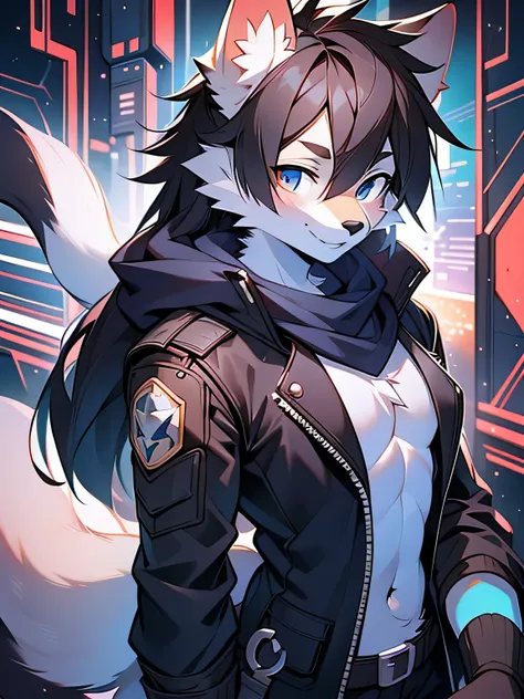  ocean，Black-furred Star Fox, male, (detailed), fluffy, alone, , lifelike, ((clear structural details)), Meticulous and pragmatic, exquisite eyes, (silvery white pupils), ((Silver eyes sparkle)), 的Smile, Smile, Slim, soft, 4k, high quality, high detail, Fi...