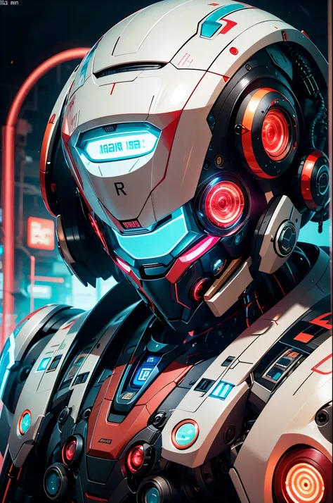 robot,cable,Mecha,Full mecha,Close ups, cyberpunk, cyborg,Full body multiple light sources,The luminous display screen on the forehead,Multi camera structure mecha,Multi light source mecha,A multi edged mecha,Red and blue light source mecha,White and black...