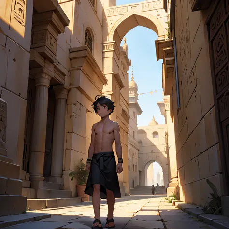 There is a 4-year-old boy, shirtless, in an Egyptian skirt, shirtless, with hair, green eyes, walking lost looking for food in a beautiful city in ancient Egypt., vista panoramica de la ciudad  palacios y piramides