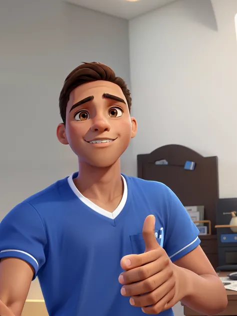 A 16-year-old young man with light brown skin and dark brown eyes, straight, medium-length hair, He is wearing a blue shirt and making the like sign with his hand 