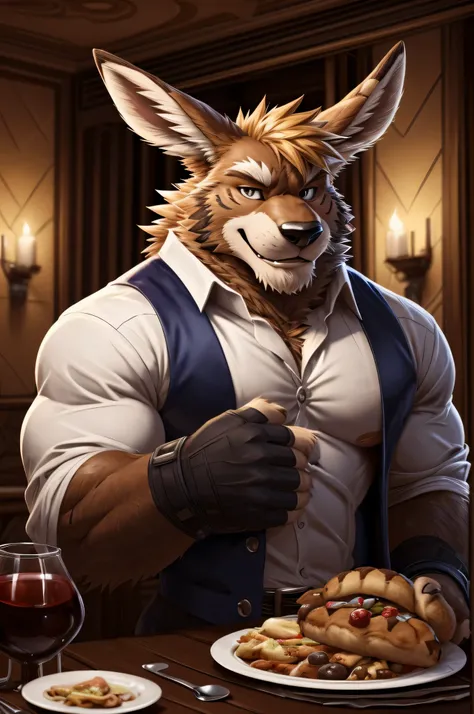 furry, muscular kangaroo with blond hair wearing a fancy tuxedo, fancy romantic dinner table, large muscles and long ears, smirking at camera, staring lovingly at the viewer (by takemoto arashi, by null-ghost).