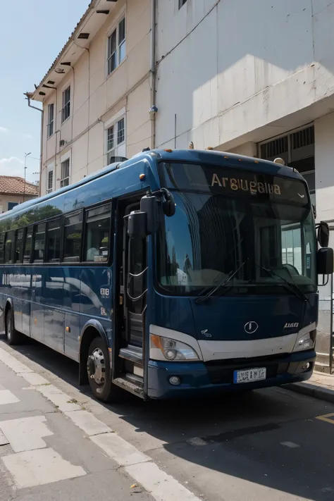 Create an image of a blue travel bus with the name Araguaia , com viagem marcada para 14/04/2024
