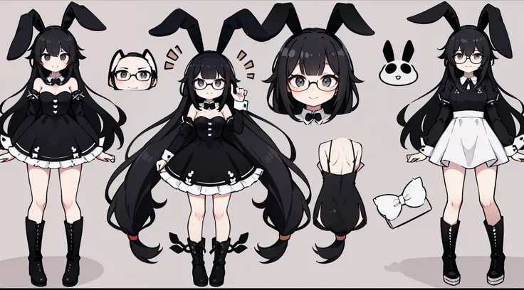 a cute bunny girl, black long hair, bunny ears, black and white mini dress, smiling, black eyes, eyeglasses, full body, boots as shoes, full body standing