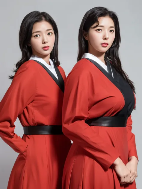 2 identical girls standing and posing in hanboks, (chae soo bin), 2girls, gemini twins, clones, identical twins, duplicate, blac...