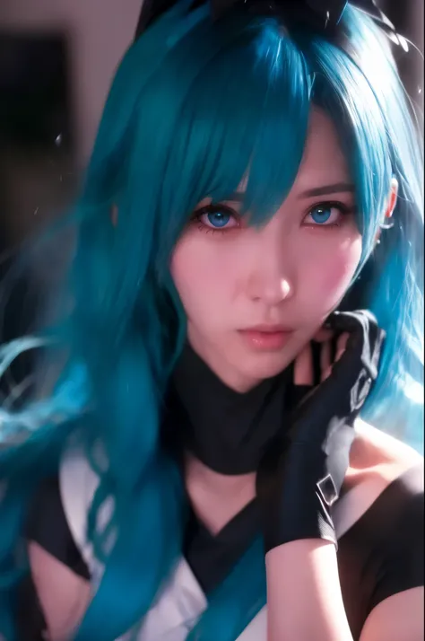 blue hair、Arafad woman wearing black gloves talking on mobile phone, mikudayo, Cyan hair anime girl, 8K Artgerm bokeh, Portrait of Hatsune Miku, Hatsune Miku portrait, Anime style mixed with Fuji film, blue hair girl, surreal anime, Realistic anime art sty...