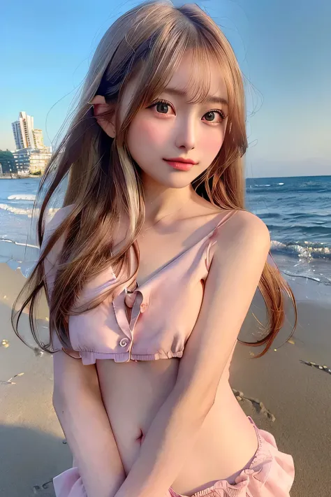 Highly detailed CG Unity 8k wallpaper, highest quality, Super detailed, masterpiece, realistic, photorealistic, Very knowledgeable cute girl,  (25 years old), blush, round eyes, ((flat chest:1.6)), (beach)、(Completely naked:1.5)、(take a pose)、(smile)、(full...