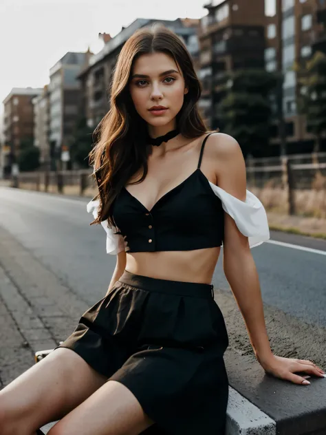 Photoshoot A beautiful European woman, sitting on a fashionable chair, fashionable western dress, black croptop, smokey road background 