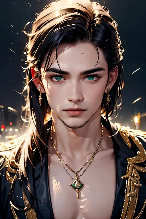 (masterpiece, best quality:1.2), 1 boy, one beautiful image in art ! amazing emerald eyes ! hair with golden streaks . silky shi...