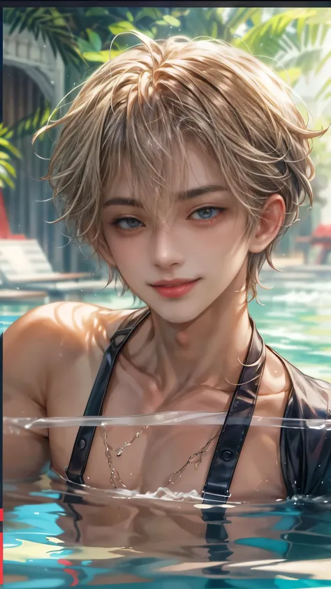 (absurdres, highres, ultra detailed, HDR), masterpiece, intricate, best quality, close-up portrait of a handsome anime character from ayashino ceres, short hair, original hair, captivating scene , boy enjoying a luxurious poolside. happy face, topless, see...