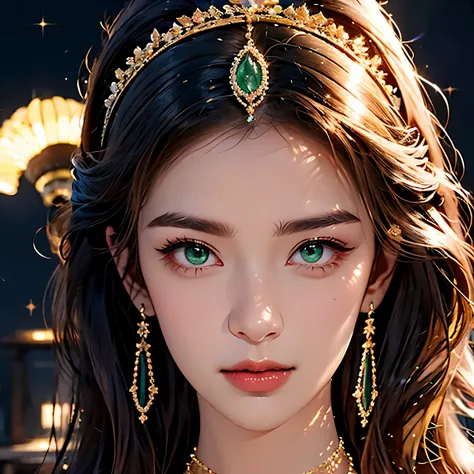 (masterpiece, best quality:1.2), 1 girl, one beautiful image in art ! amazing emerald eyes ! hair with golden streaks . silky sh...