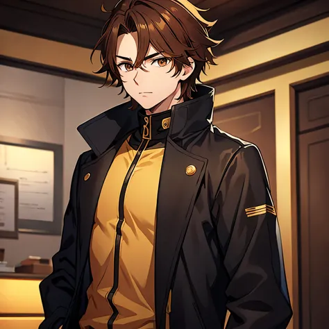 anime, male, hazel eyes, fair skin, black coat, broad shoulders, golden shirt, wavy brown hair ((male)) ((teen)) 