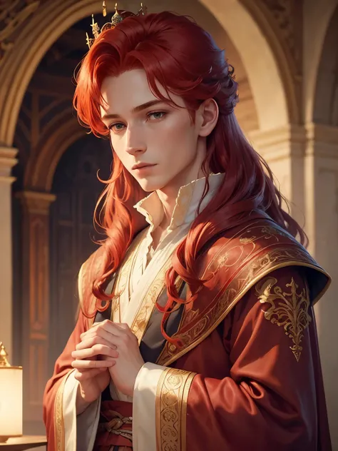 red-haired prince, small and shy eyes, royal robe, castle background, misty atmosphere, vibrant colors, soft lighting, fine details, oil painting style, high quality, realistic rendering, magnificent scenery, delicate features, elaborate hairstyle, intrica...