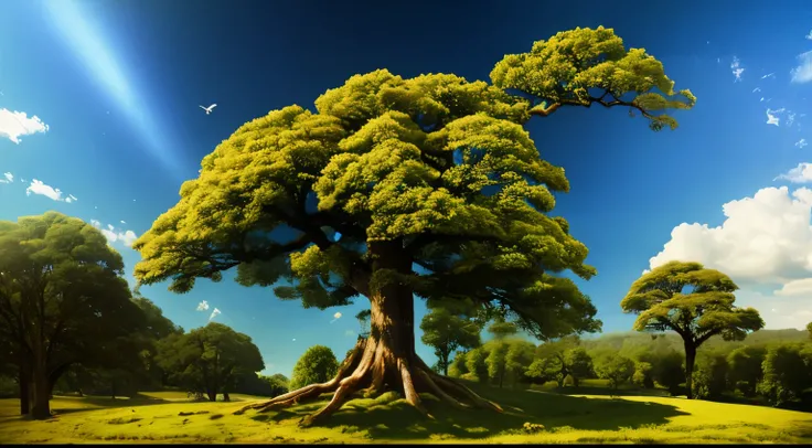 big tree, Dayun, blue sky, forest, hillside, HD details, Ultra-detailed, ish, Surrealism, soft light, Bokeh deep field focus, ray tracing and realism. --v6