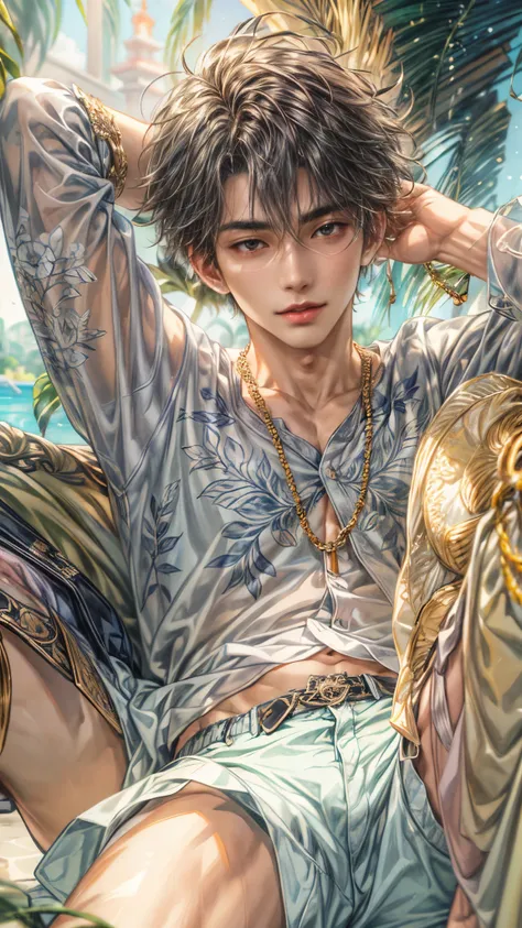 (absurdres, highres, ultra detailed, HDR), masterpiece, intricate, best quality, half body from below:1.1, portrait of a handsome anime character from ayashino ceres, short hair, original hair, captivating scene , boy enjoying a luxurious poolside. happy f...