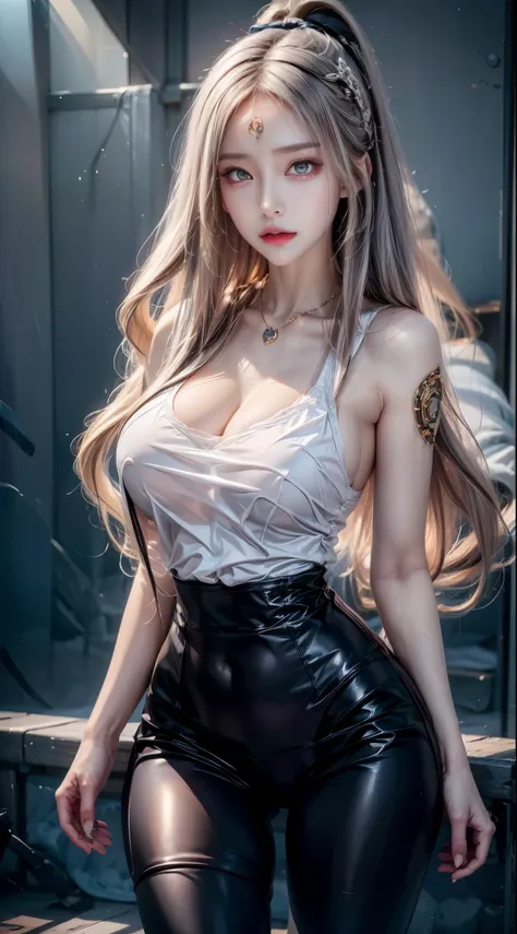 realistic, 1 women, best quality, 12k, Per HD, 1080p, wear Allstars shoes, wear glasses, long hair, big round breasts, cleavage, ponytail, necklace, jewelry, shorts, short jacket, slim hips, hair tie, yellow eyes, black hair, super detailed, Eye details, h...