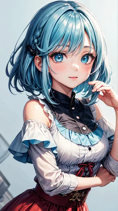 35 years old Japanese tidy lady ((small breast, very slender)), jet-black ponytail((short hair)), ((cyan highlights shaggy forelock, blue colors highlights )), BREAK, wears dirndl ((German traditional cloth))((pale pink, pale cyan)), tidy and eloquent face...