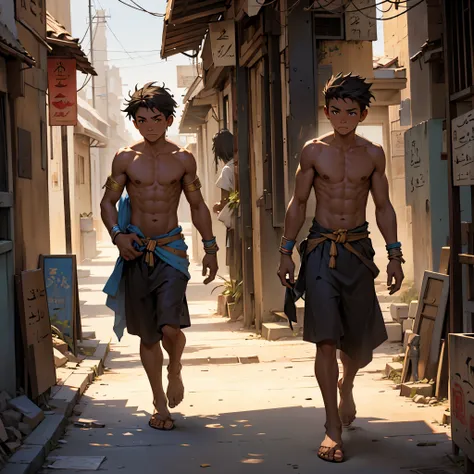 There is just a 4-year-old boy, thin, hungry, homeless, wandering, hungry, shirtless, walking through a beautiful city in ancient Egypt.