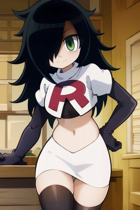 (masterpiece, detailed), kuroki-tomoko, green eyes, hair over one eye, bags under eyes,  team rocket,team rocket uniform,white skirt,red letter R,crop top,black thigh-highs,black elbow gloves