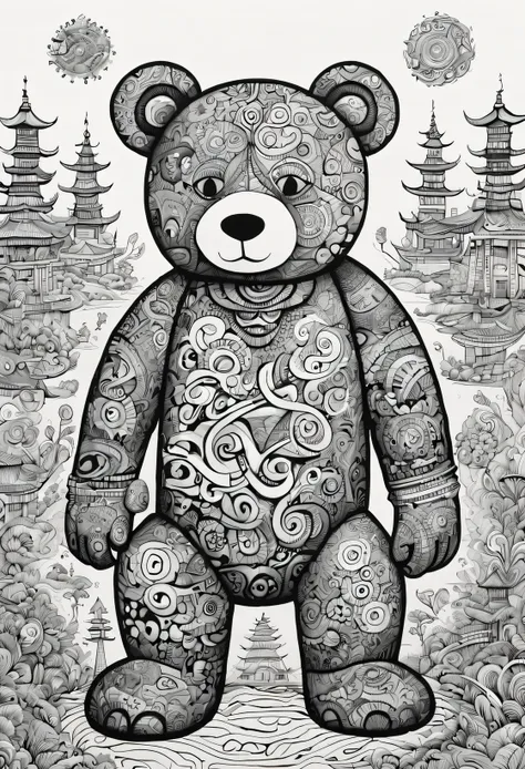 (doodle comic style:1.5),black and white drawing of a large teddy bear from chinese paper shamanism, intricate psychedelic lands...