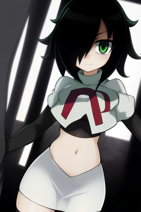 (masterpiece, detailed), kuroki-tomoko, green eyes, hair over one eye, bags under eyes, team rocket,team rocket uniform,white skirt,red letter R,crop top,black thigh-highs,black elbow gloves