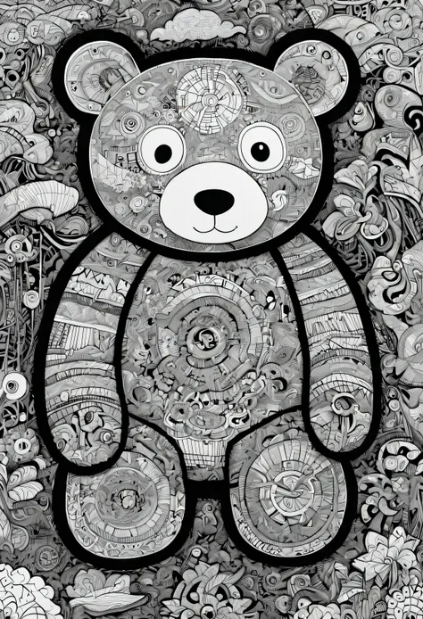 (doodle comic style:1.5),black and white drawing of a large teddy bear from chinese paper shamanism, intricate psychedelic lands...