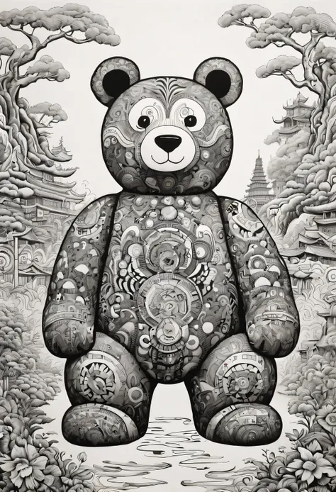 (Doodle comic style:1.5),Black and white drawing of a large teddy bear from Chinese paper shamanism, Intricate psychedelic landscape style, robot pattern, Ray Eames, Children's book illustrations, my artwork, Consists of all of the above, embroidery