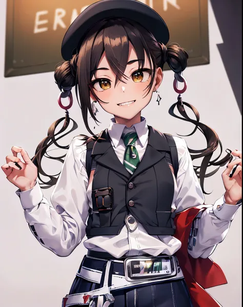 high quality, 最high quality, masterpiece, disorganized, Akira D, cowboy hat, (belt), vest, (white shirt), green tie, gloves, ((cross earrings)), short twin tails, alone, looking at the viewer, Severe, grin, close, , closed mouth, (Takayama, outdoors)　Lower...