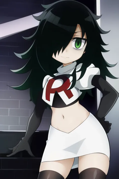 (masterpiece, detailed), kuroki-tomoko, green eyes, hair over one eye, bags under eyes,  team rocket,team rocket uniform,white skirt,red letter R,crop top,black thigh-highs,black elbow gloves