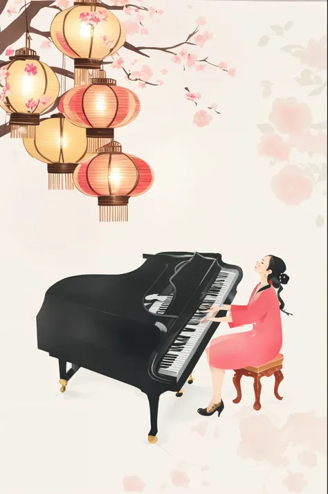 There is a woman playing the piano in a room with a lantern, Inspired by Kawai Gyokudo, Inspired by Song Xu, digital illustration, stylized digital illustration, pianist, Inspired by Song Maojin, watercolor style, Inspired by Lin Tinggui, cover illustratio...