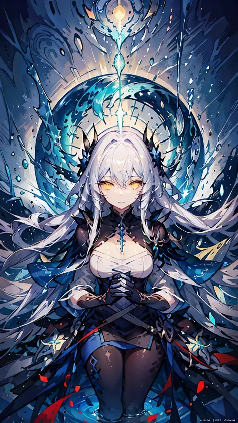 anime girl with long white hair and black dress in a swirling swirl, epic light novel art cover, trending on artstation pixiv, cushart krenz key art feminine, white haired deity, epic light novel cover art, detailed key anime art, yellow eyes 