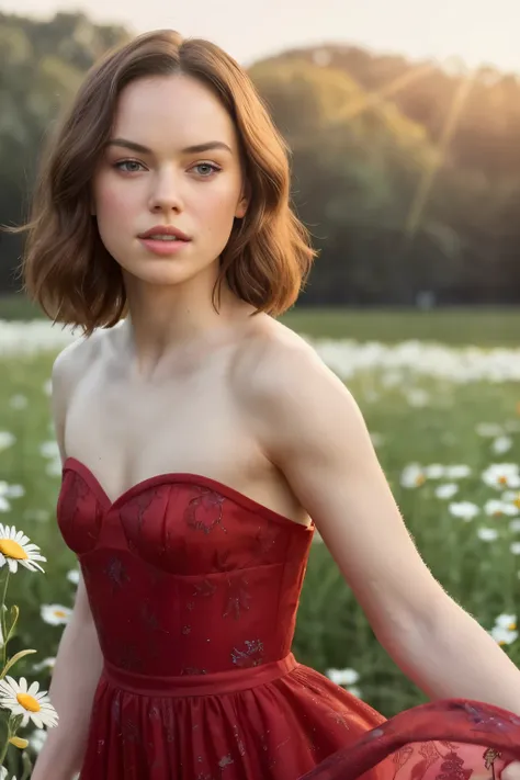 A woman with a captivating likeness to Daisy Ridley wears a vibrant red dress in this exquisitely crafted image. The details of her facial features are highly defined and realistic, with a stunning complexion, rosy cheeks subtly illuminated by soft natural...