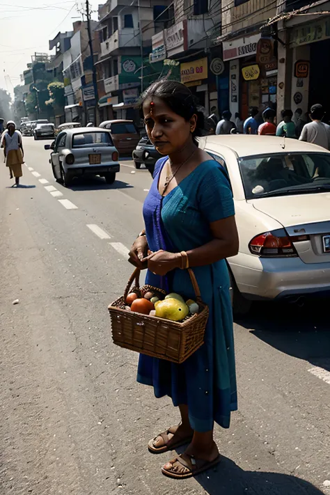 indian crowded city road with lots of small road side shops in the middle of road poor grandmother were struggling to collect the vegetables which fell down from her basket a small 5 aged indian kid were helping her to collect that peoples were scolding th...