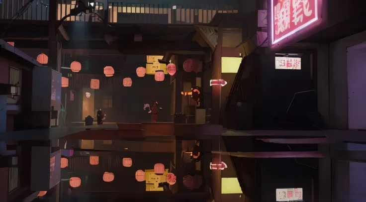 An oriental temple, lanterns, neon lights, cyberpunk style, anime, girls