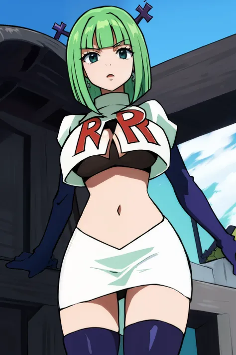 brandish, 1girl, solo, looking at viewer, simple background, cleavage, anime coloring, team rocket,team rocket uniform,white skirt,red letter R,crop top,black thigh-highs,black elbow gloves, 