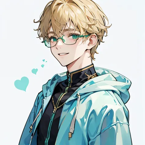 A male, pale, green glasses, curly hair, blonde, smiling, happy, twink, young, boy, white background, light blue hoodie, innocent, seductive, gay