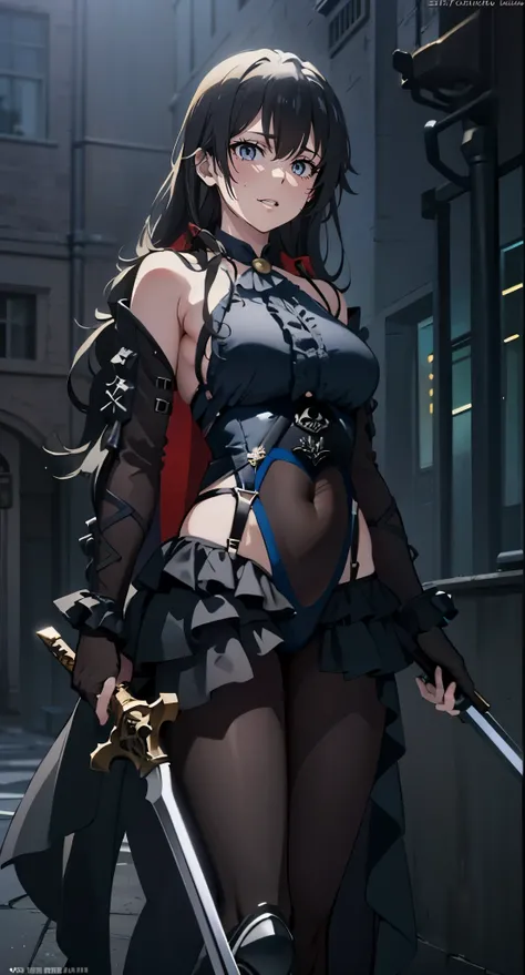 yukinoshita yukino, 1girl, sword, holding, weapon, solo, gloves, holding_weapon, standing, holding_sword, outfit-hindenburg, black miniskirt, black pantyhose, covered navel, dual_wielding, medium_breasts, night, blurry_background, "glow effects, godrays, H...