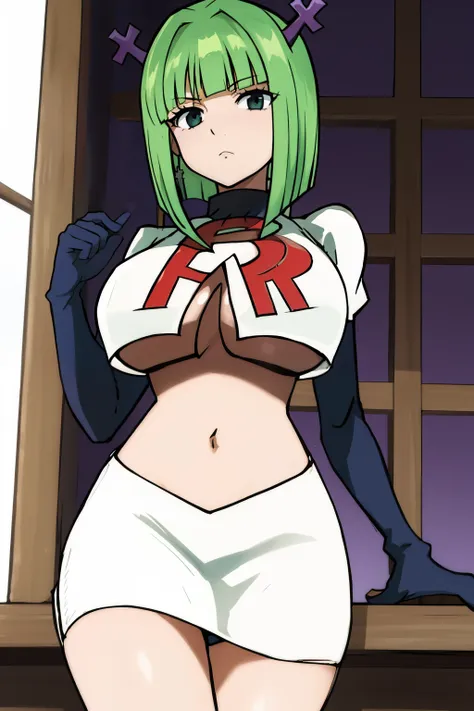 brandish, 1girl, solo, looking at viewer, simple background, cleavage, anime coloring, team rocket,team rocket uniform,white skirt,red letter R,crop top,black thigh-highs,black elbow gloves, 