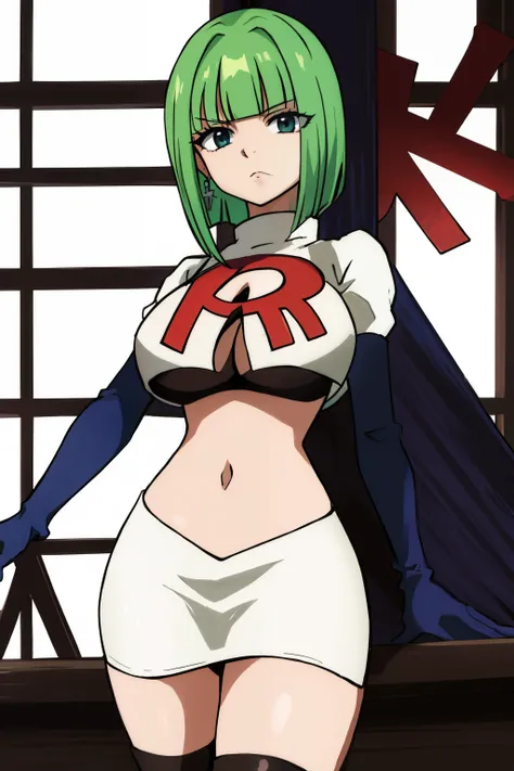 brandish, 1girl, solo, looking at viewer, simple background, cleavage, anime coloring, team rocket,team rocket uniform,white skirt,red letter R,crop top,black thigh-highs,black elbow gloves, 