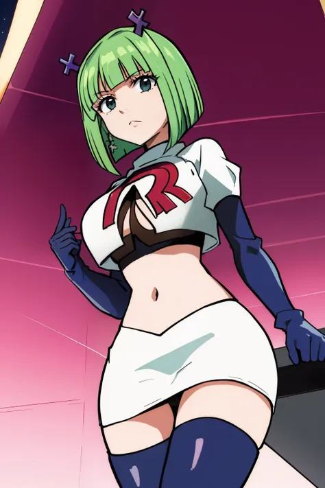 brandish, 1girl, solo, looking at viewer, simple background, cleavage, anime coloring, team rocket,team rocket uniform,white skirt,red letter R,crop top,black thigh-highs,black elbow gloves, 