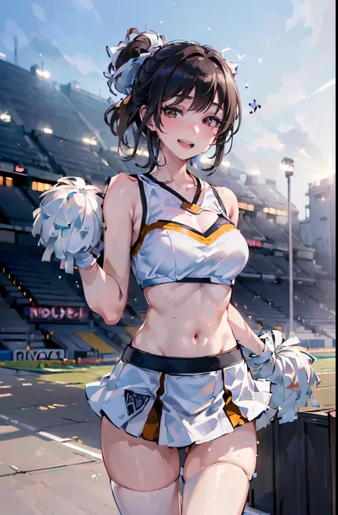 (((Best Quality, 8k, photo realistic:1.4, Masterpiece))), sasha grey, nsfw, back Lighting, highly detailed facial textures women, 18yo, (((white Cheerleader:1.2))), ((Stadium Background: 1.2)), arm up, beautiful make up, black eyes, smile, open mouth, shin...