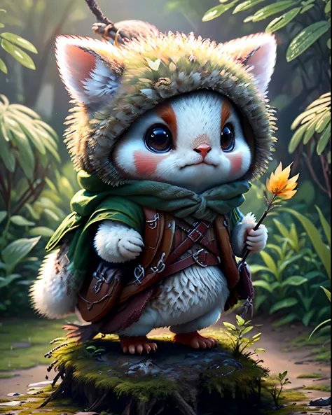 best image quality、"Highly detailed inspired concept art、Create a cute creature masterpiece. Let your imagination come alive", （sparrow）, high detail, In 8K、best image quality、Dressed as a hunter in medieval Europe、Carrying a bow and arrow and a bow holder...