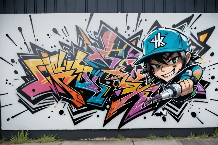 Graffiti漫画，Graffiti art of a man with a hat and a microphone, Graffiti art style, in Graffiti style, Graffiti style, Graffitis, Graffiti writing, Graffiti letters, Hand drawn cartoon art style, Graffiti inspired, Graffiti painting, watermark:-1, Graffiti a...